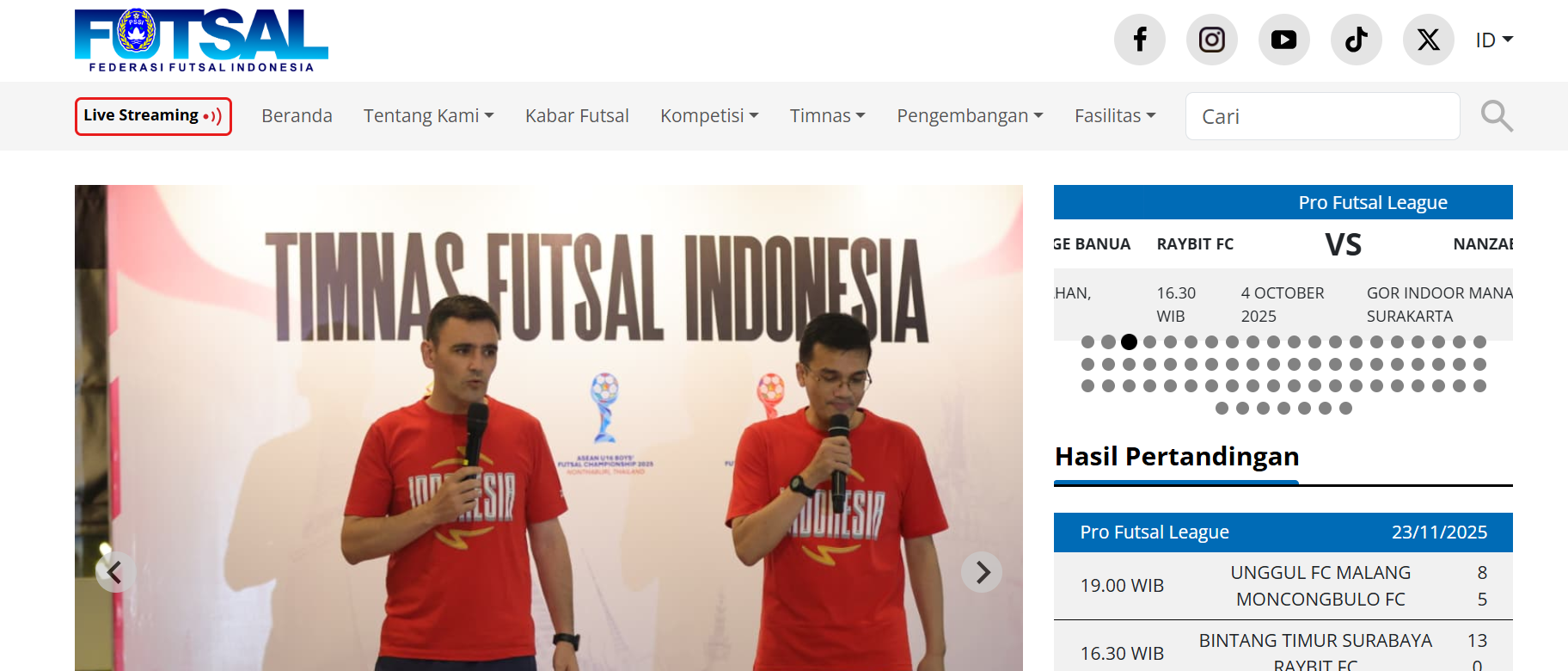 Tampilan website Federasi Futsal Indonesia